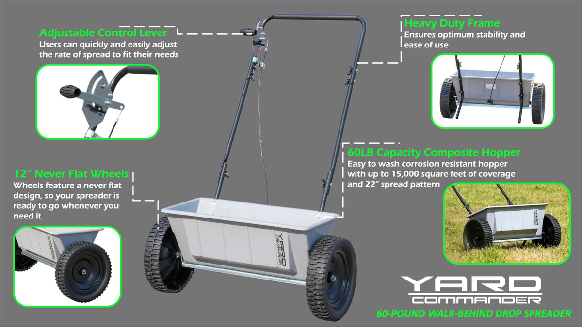 Yard Commander - 60 LB Walk-Behind Push Drop Spreader - Holds Up to 15,000 SQFT of Product - Great for Applying Fertilizer & Grass Seed - Adjustable Drop Rate & Composite Hopper