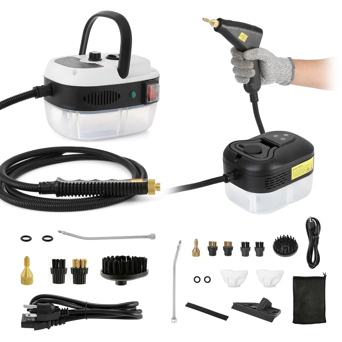 BEAMNOVA White 1L 2500W Car Steamer for Auto Detailing High Pressure Handheld Steam Cleaner + 1.2L Black Steam Cleaner