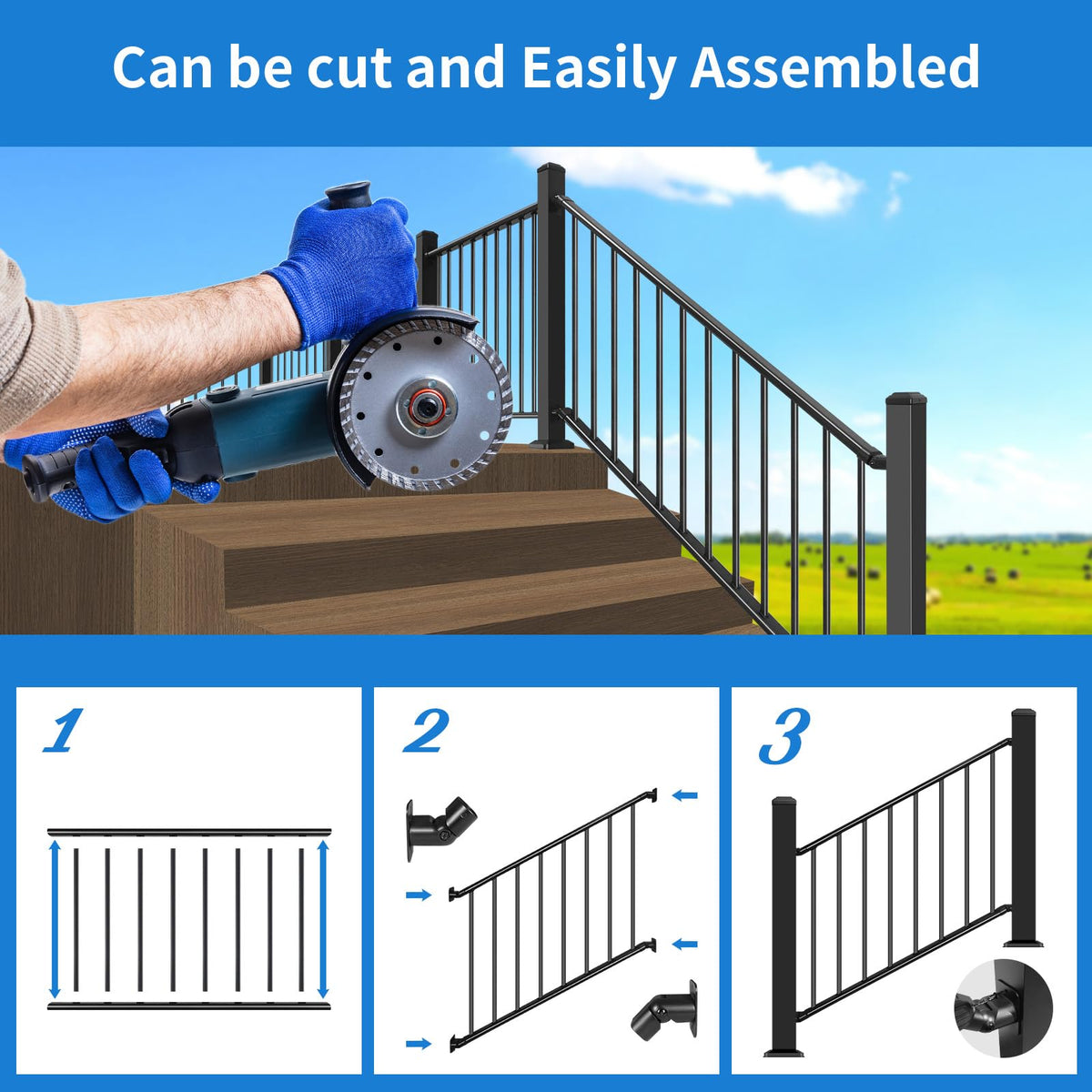 Bobolish 36+2" H x 4 ft. W Aluminum Porch & Stair Railing System, Upgrade Guardrail Kit with Textured Black AAMA 2604 Powder-Coat Finish for Outdoor Decks, Porches & Balconies (1 Panel)