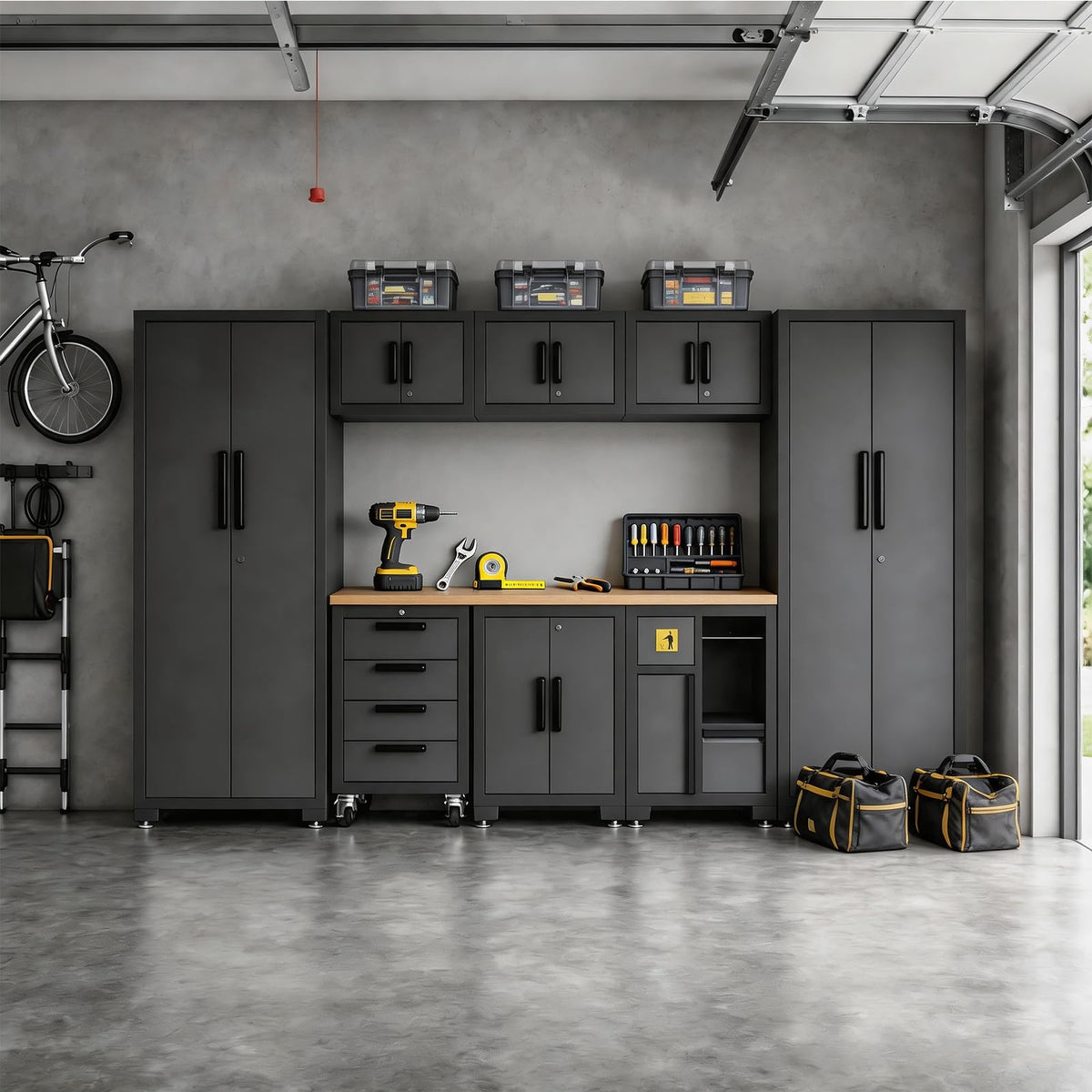 Torin Garage Cabinets Storage System, 9-Pcs Included Steel Cabinets Drawers Rolling Chest and Trash Can Cabinet, Locked Storage Cabinet, Perfect for Organizing Garage and Tools