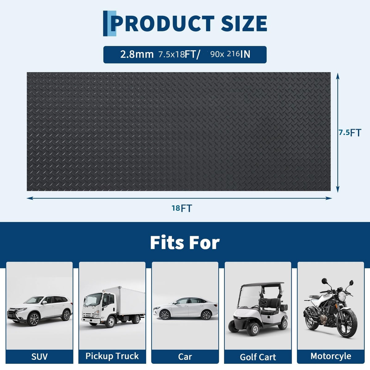 EliteEdge 7.5 x 18 FT Garage Floor Mat, 2.8mm Thickened Flooring Roll Diamond Plate PVC Rubber Trailer Mat, Non-Slip Floor Protector Mat for Garage, Warehouse, Gyms, Trailer, SUV