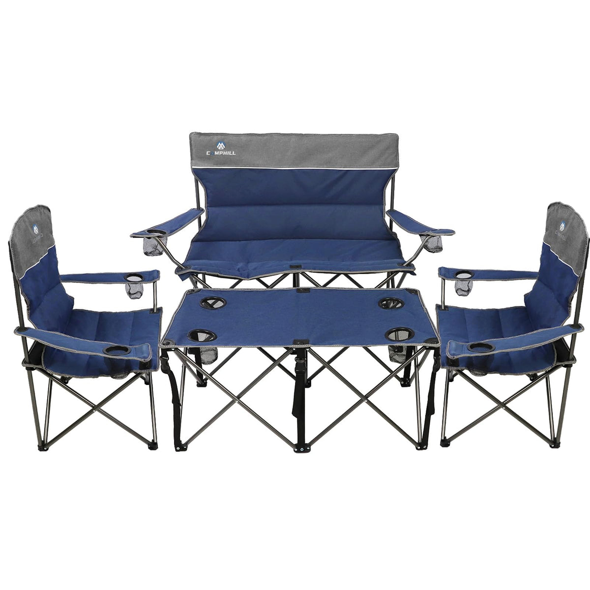 CAMPHILL Camping Chair Set of 4, Outdoor Folding Camping Chairs with Table Heavy Duty Lawn Chair with Cup Holder,Collapsible Chair Include One Sofa Chair and Two Single Chairs and Camping Table