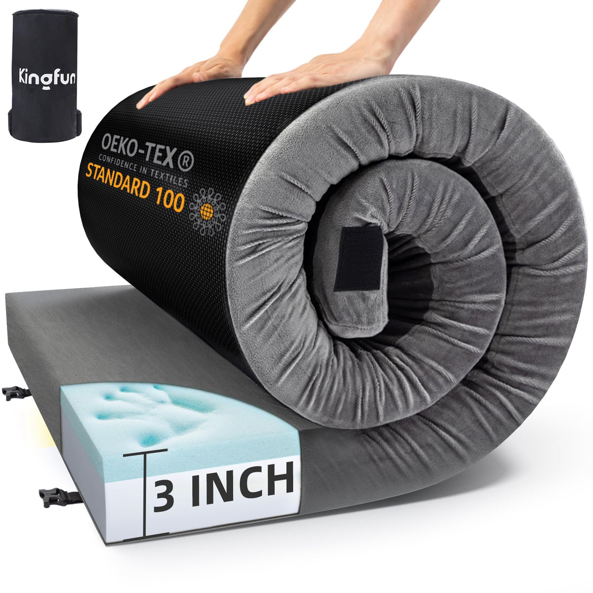 Kingfun 3 Inch CertiPUR-US Memory Foam Camping Mattress, Waterproof Roll up Sleeping Pad for Adults, Comfortable Thick Floor Sleeping Mats for Car Truck Tent with Removable Travel Bag