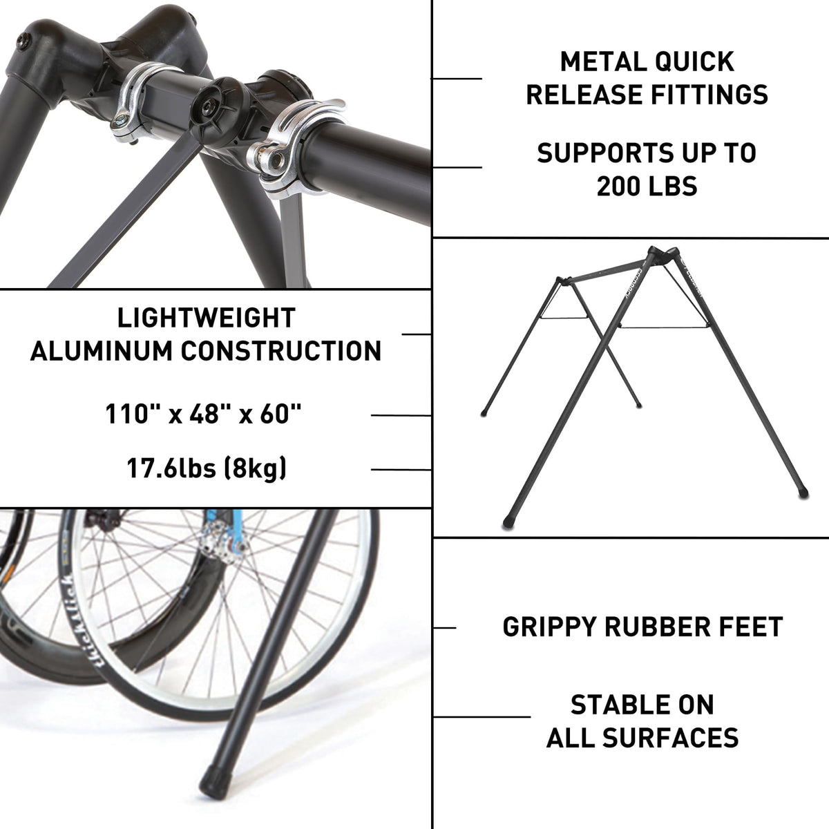 Feedback Sports | A-Frame Portable Bike Storage Rack with Travel Bag | Lightweight Collapsible Aluminum | Bicycle Hanger up to 8 Bikes | For Events | Black