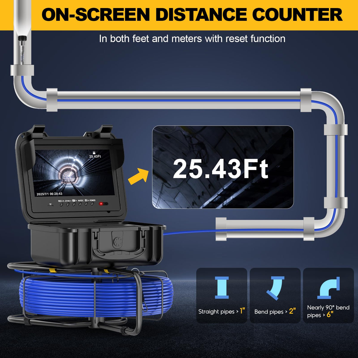 Anysun Self-Leveling Sewer Camera with Distance Counter, 0.28in/7mm Diameter 165ft Cable, 9'' 1080P IPS Screen, Pipe Inspection Camera with DVR Recording-32GB