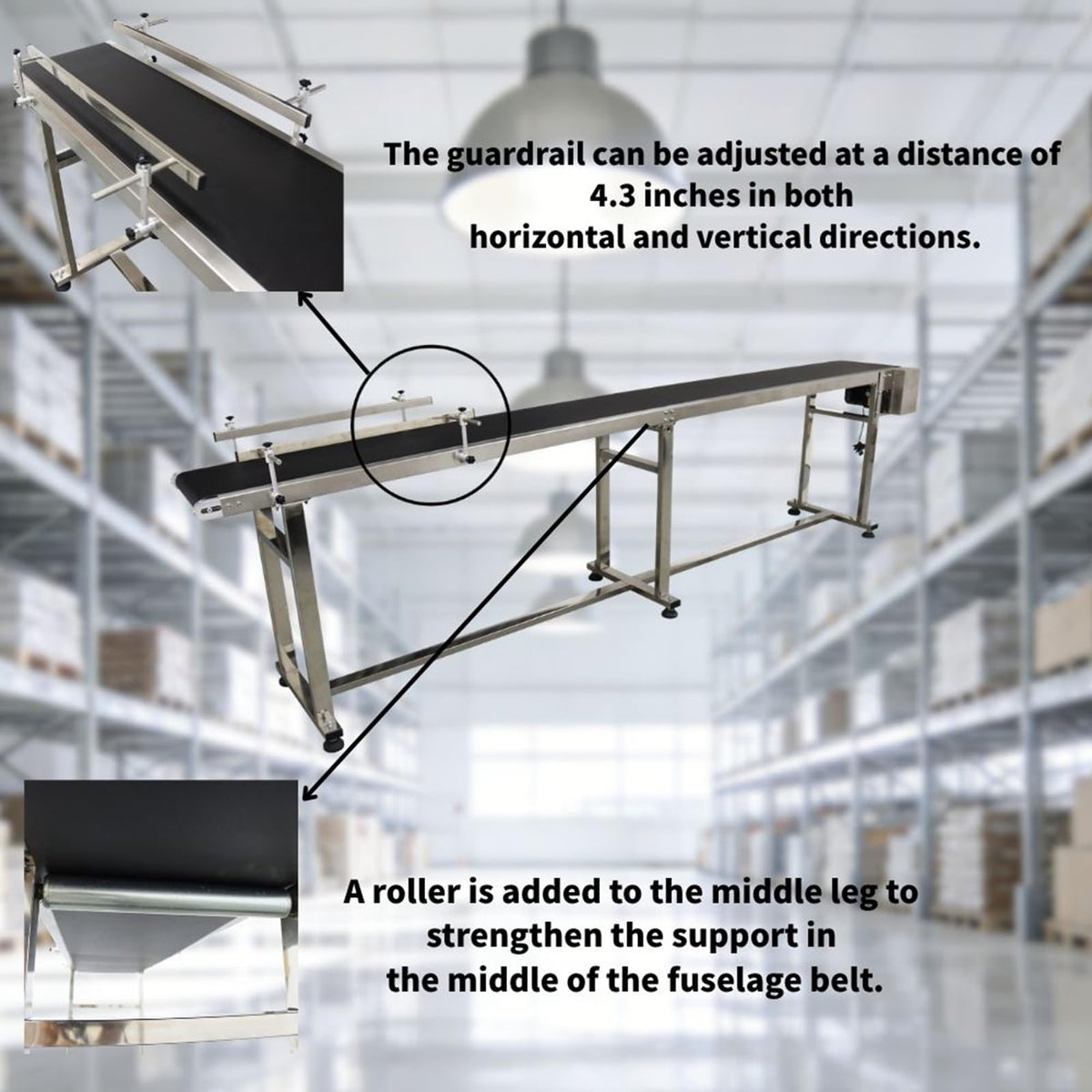 Yokoma Belt Conveyor Packaging Machine with Double Guardrails Stainless Steel Electric Flat PVC Belt Conveyor Black 118inch*15.7inch 250W 110V