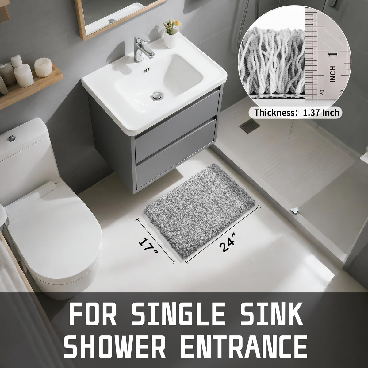 Yimobra Bathroom Rugs Non Slip Washable, Ultra Soft and Water Absorbent Bath Mats, Fluffy Shower Mat Outside, Plush Matts for Bathroom Floor/Sink, 24x17, Home Decor Accessories, Light Gray and White
