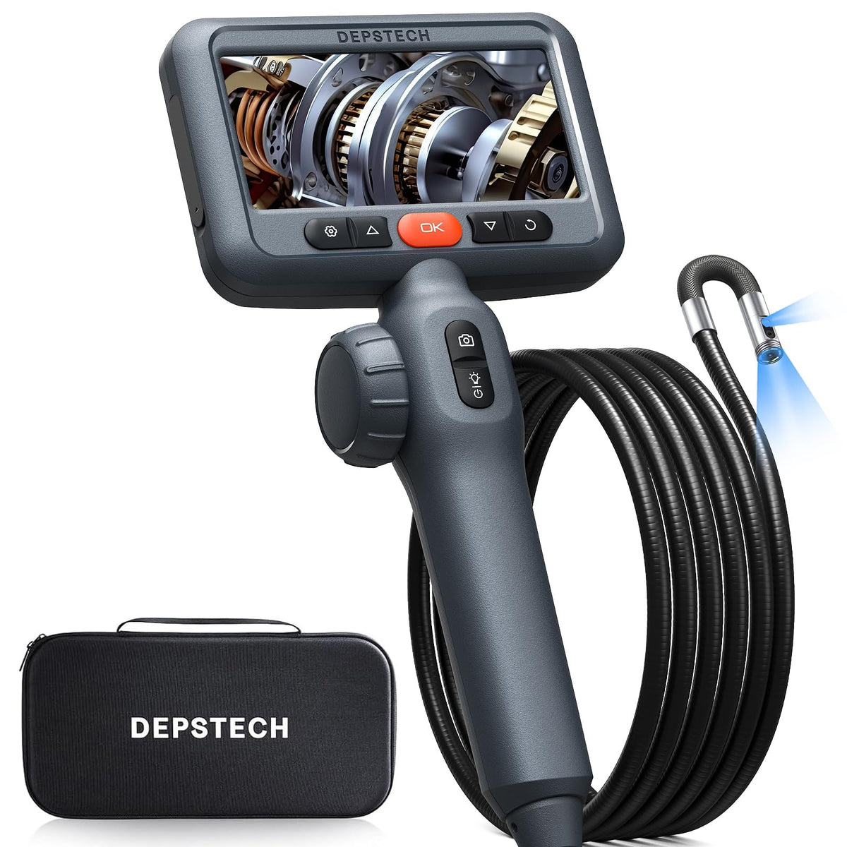DEPSTECH Articulating Borescope Camera with Light: Dual Lens Industrial Endoscope with 4.5" Screen & 5FT Snake Cable, Video Inspection Scope Camera Automotive Tool for Wall, Pipe, Mechanic