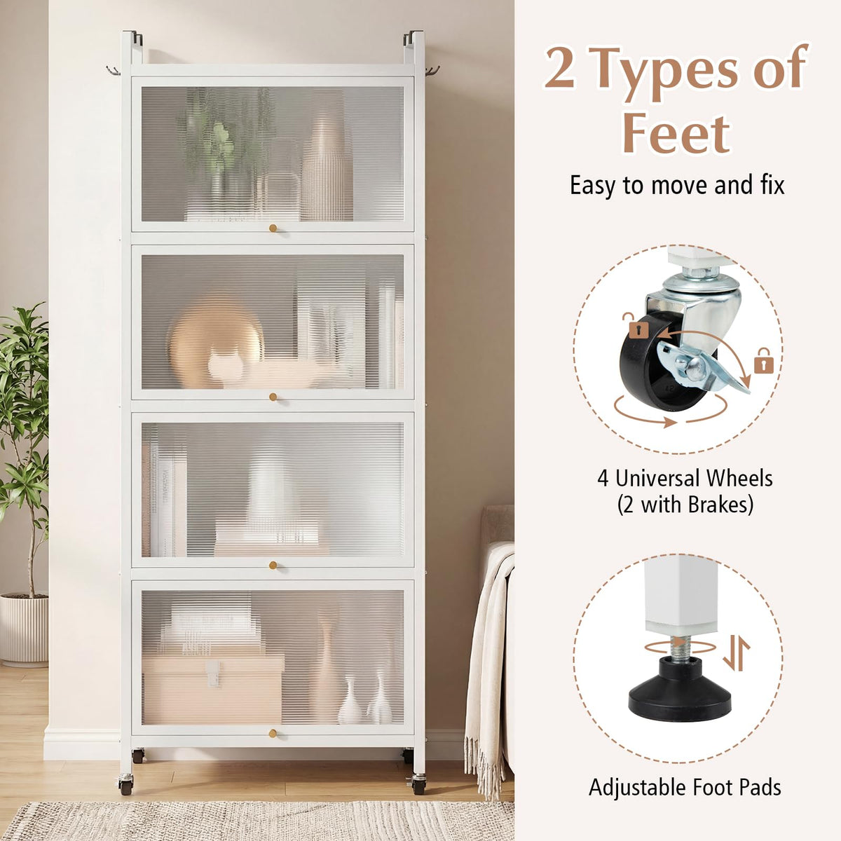 Giantex 5-Tier Kitchen Storage Cabinet, Mobile Microwave Stand with Flip-up PC Doors, Freestanding Kitchen Bakers Rack with 4 Rolling Casters, for Dining Room, Living Room and Study (White)