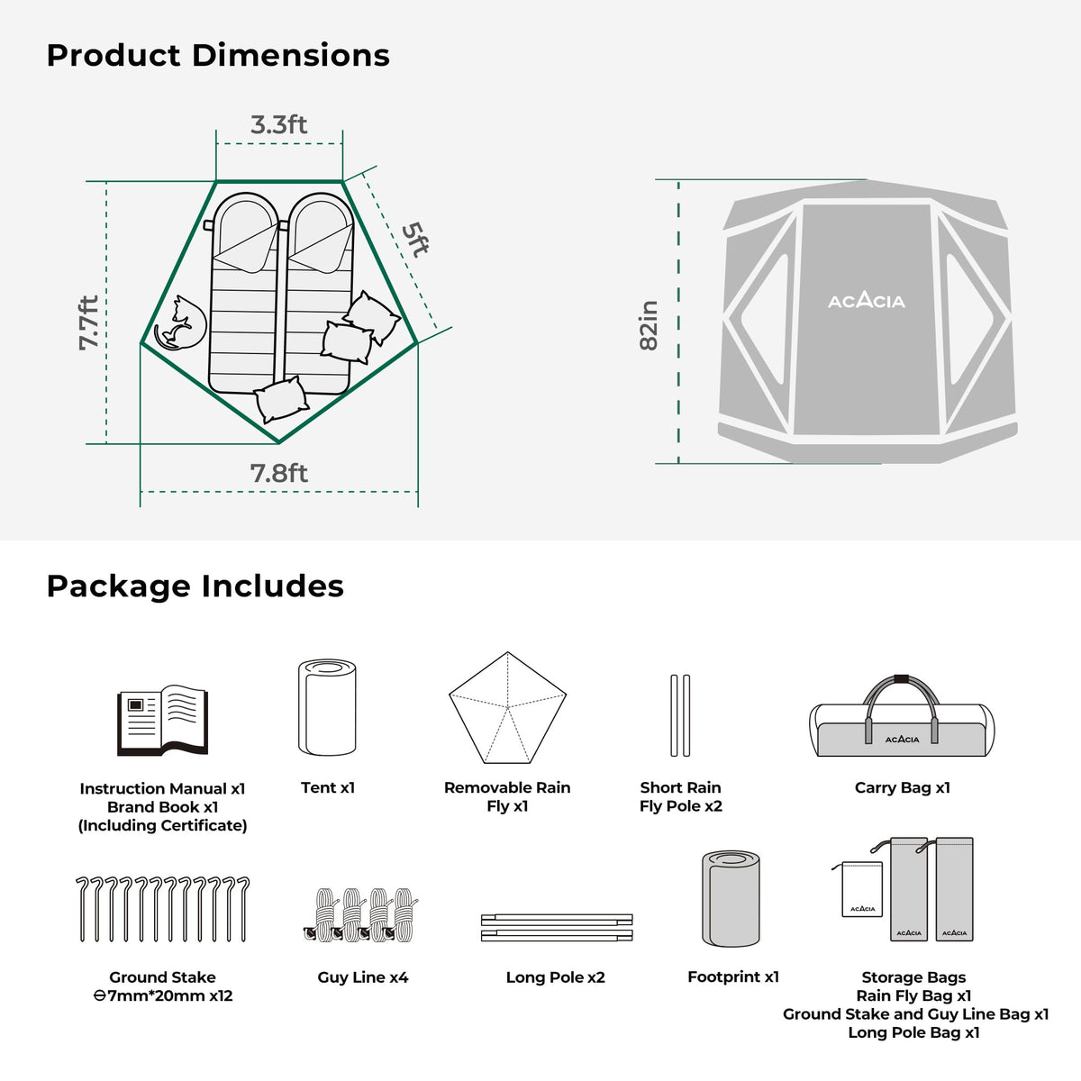 ACACIA Space Tent, 2 to 3 Person Pop Up Camping Tent with 8 Windows and Footprint, Waterproof Windproof Easy Setup Hub Tent for Family Camping, Hiking and Glamping, Persimmon