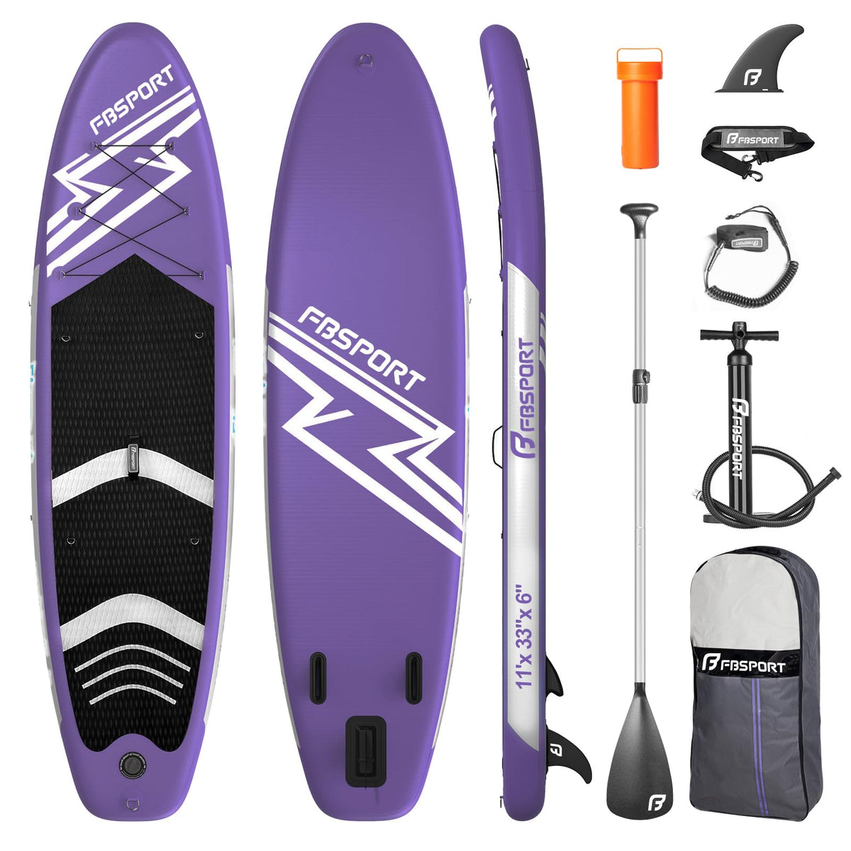 FBSPORT 11' Premium Stand Up Paddle Board, Yoga Board with SUP Accessories & Carry Bag | Wide Stance, Surf Control, Non-Slip Deck, Leash, Paddle and Pump for Youth & Adult (Purple)