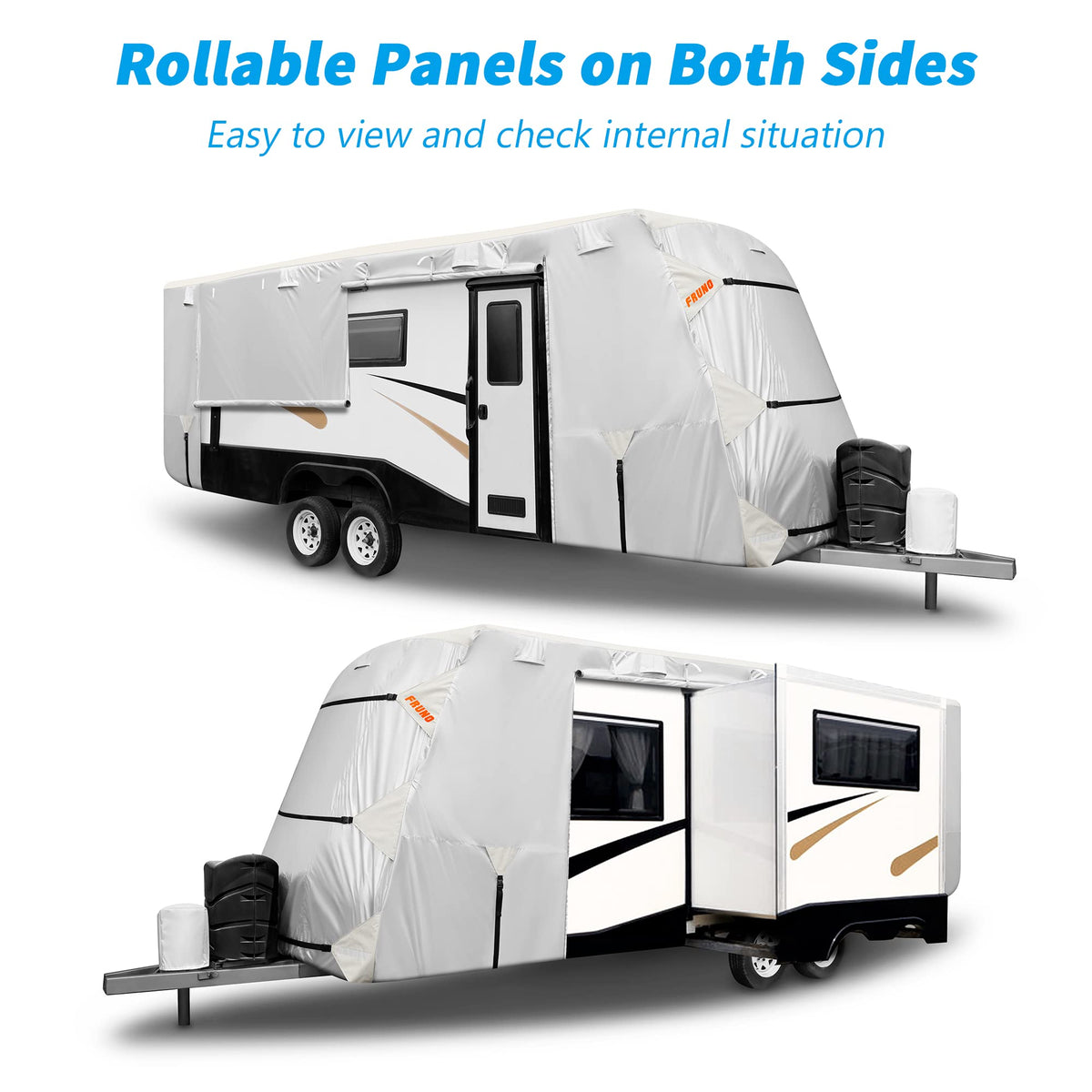 FRUNO Oxford Fabric Travel Trailer Cover RV Cover 22'-24' Waterproof Rip-Resistant Anti-UV Camper Cover for Winter Snow with Jack Cover 4 Tire Covers and Gutter Covers
