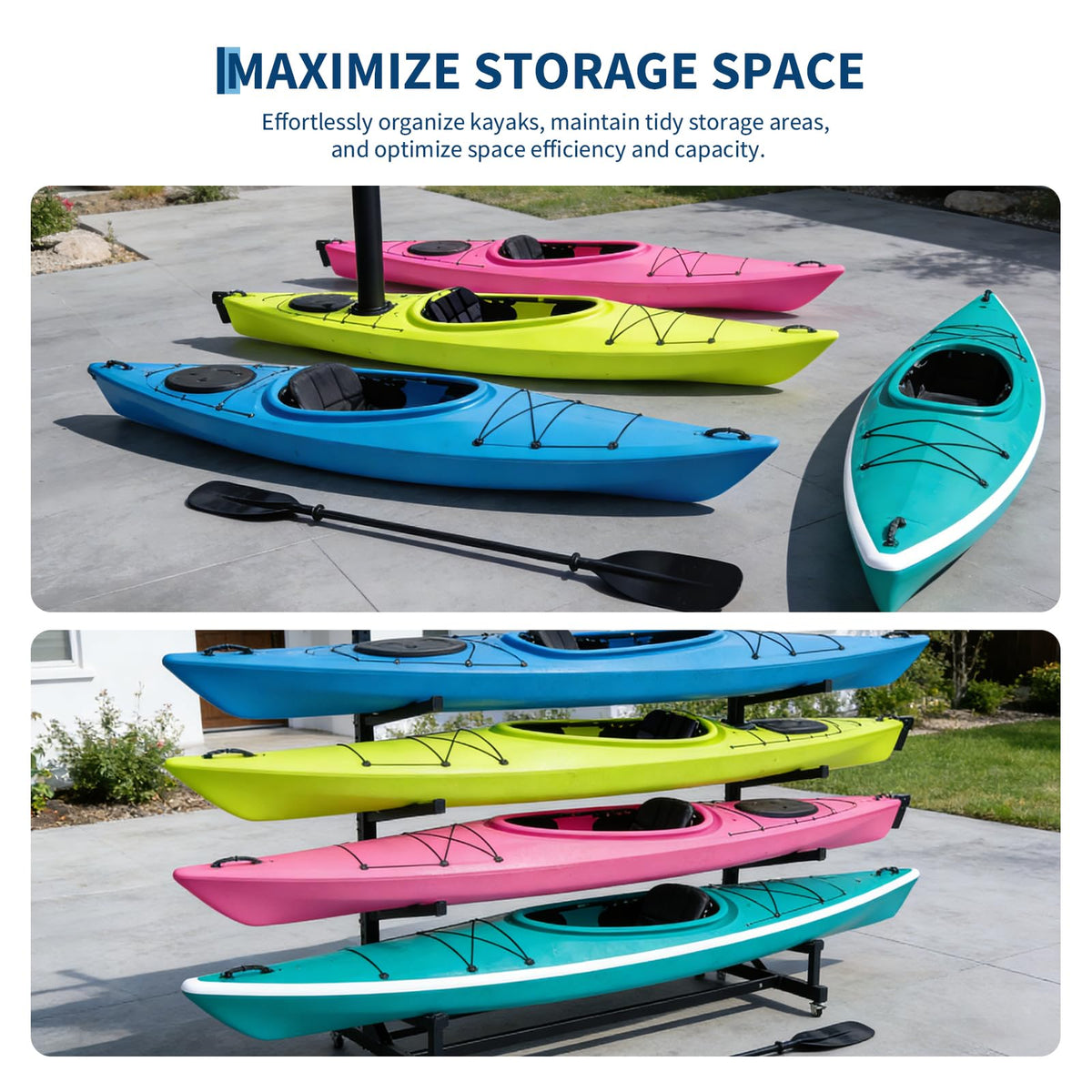 GarveeLife Heavy Duty 4-Tier Freestanding Kayak Storage Rack with Adjustable Detachable Wheels – Stand for Kayaks, Canoes, SUPs, Surfboards – Indoor or Outdoor, Garage Paddleboard Organizer,