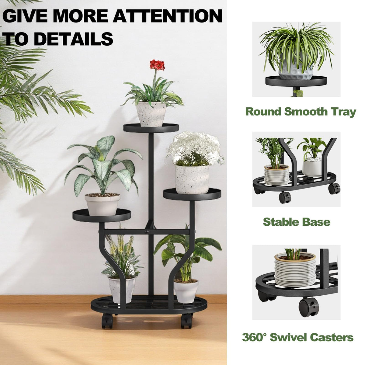 YIZAIJIA Plant Stand with Wheels 3 Tier Metal Plant Holder Corner Flower Shelf for Multiple Plants Display Rack for Bedroom Living Room Balcony Garden Black (Black, 3 Tier)