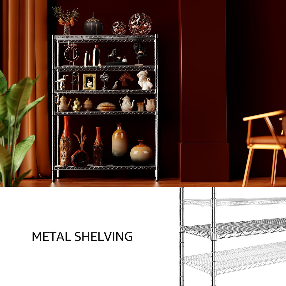 IZEUK 4250 LBS Garage Shelving Wide Storage Shelves 5 Tier Metal Shelves Heavy Duty Adjustable Utility Shelf Rack Chrome 17.7" D x 47.2" W x 70.4" H