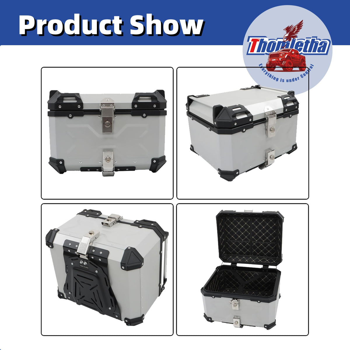 Thomletha 55L Aluminum Alloy Motorcycle Trunk Tour Tail Box Top Case with Mounting Plate Lock Silver