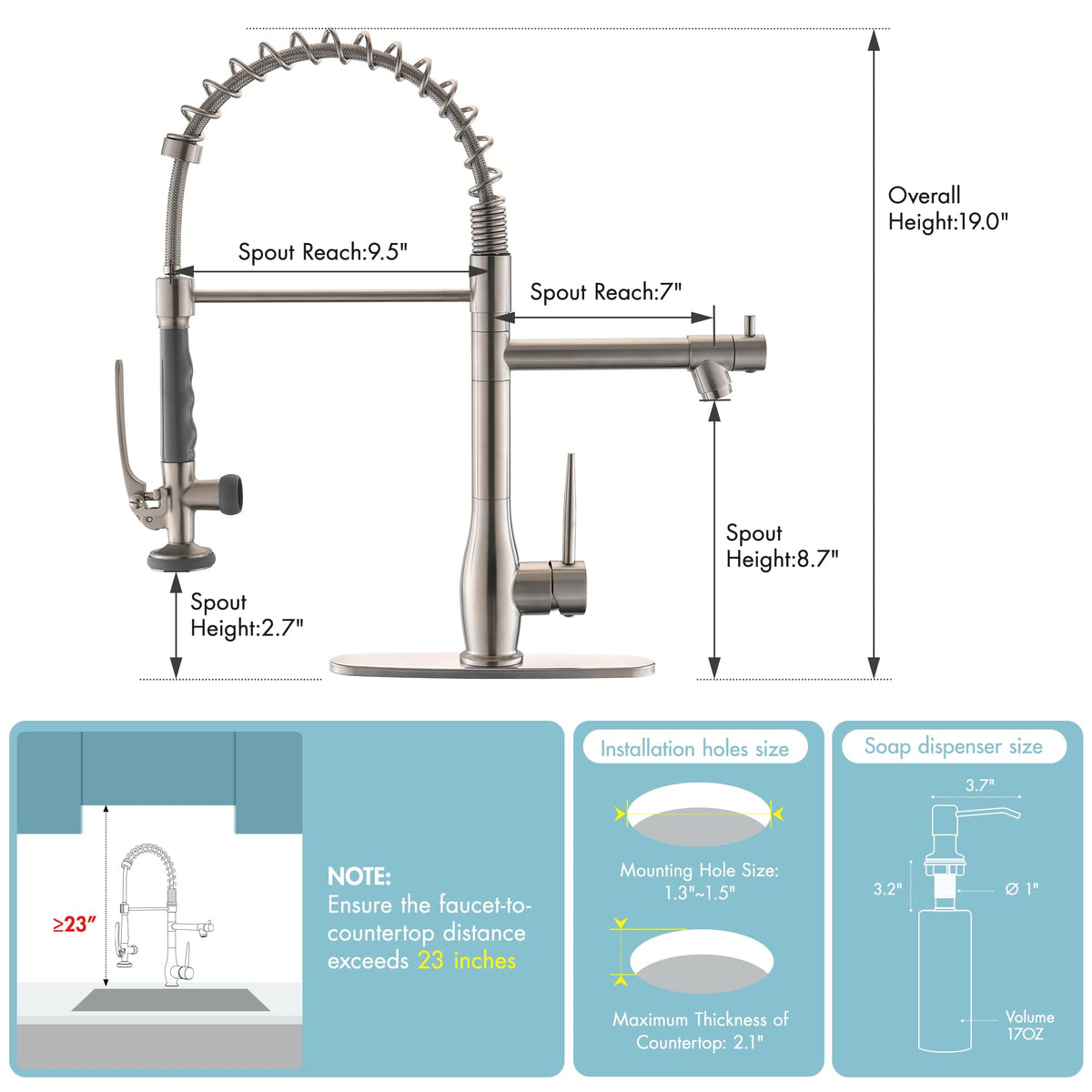GIMILI Commercial Kitchen Faucet with Pull Down Sprayer, Double Headed Single Handle High Pressure Kitchen Faucet with Soap Dispenser Brushed Nickel