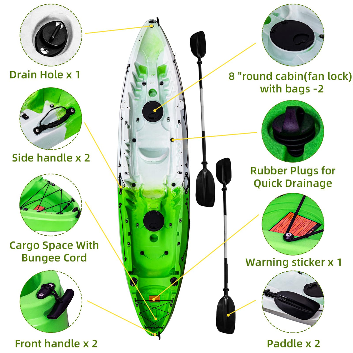 Fishing Kayaks, 12.4FT Sit on Top Kayak for 2-3 Person Adults with Paddle, Capacity of 600LBS, Hard Shell Recreational Kayak, Storage with Tie Downs