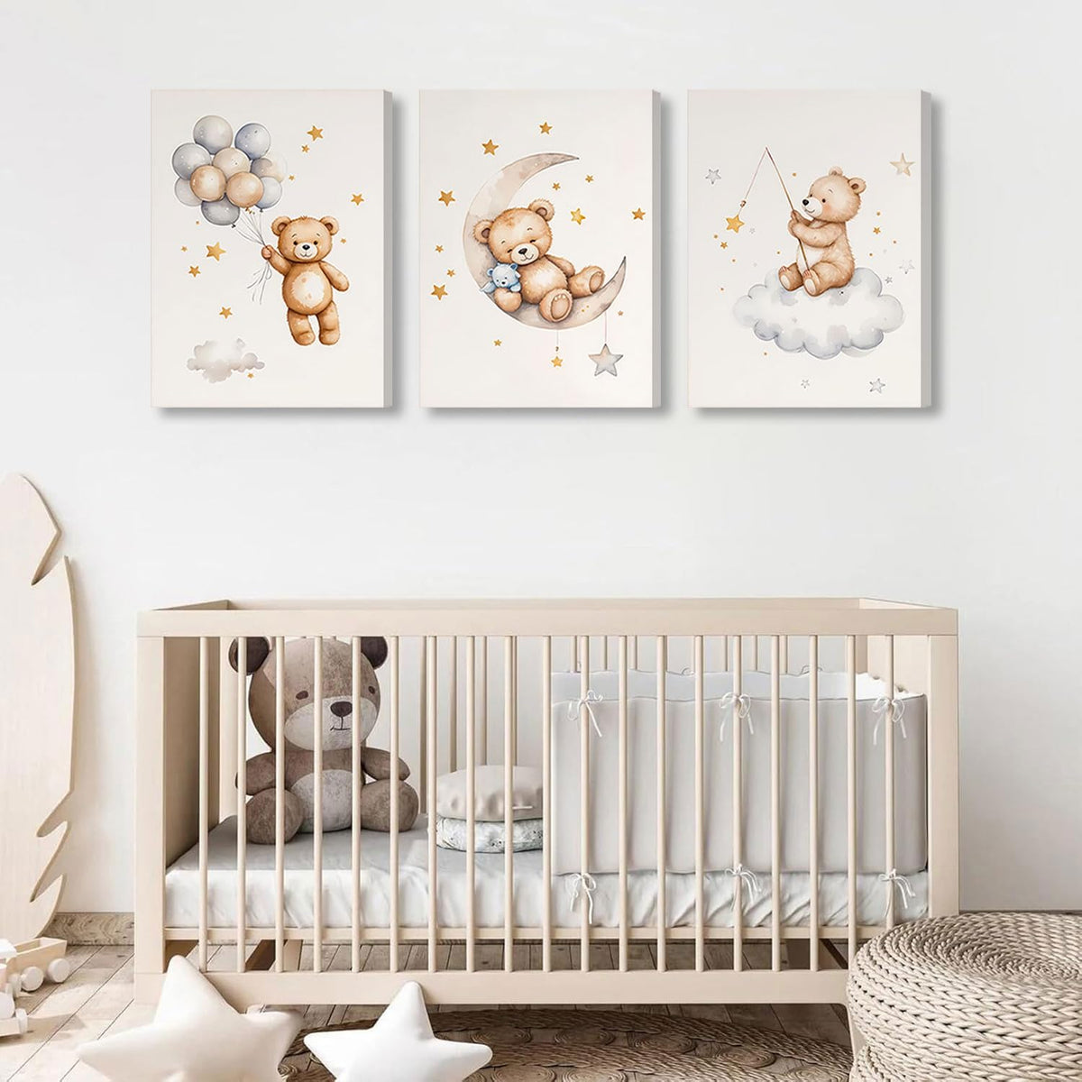 3 Pcs Framed Teddy Bear Nursery Canvas Wall Art Bear Sleeping on The Moon and Stars Wall Decor Pictures Balloon Cloud Neutral Poster Prints for Kids Baby Room Kindergarten Home Decoration 12x16in