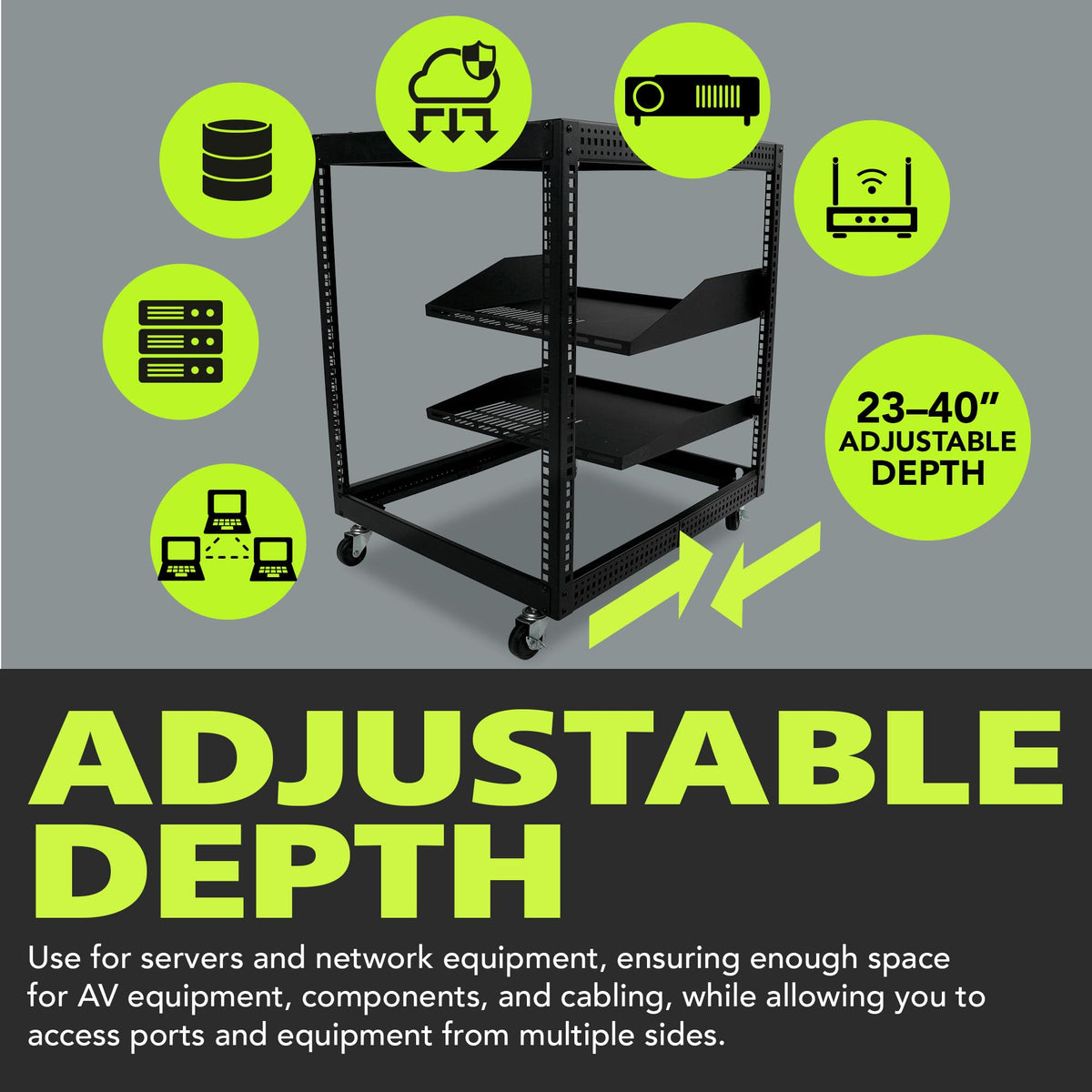 Pearington 12U Open Frame Server Rack, 23''-40'' Adjustable Depth, Free Standing or Wall Mount, 4 Post AV Rack with Casters, Holds Networking IT Equipment AV Gear Router Modem