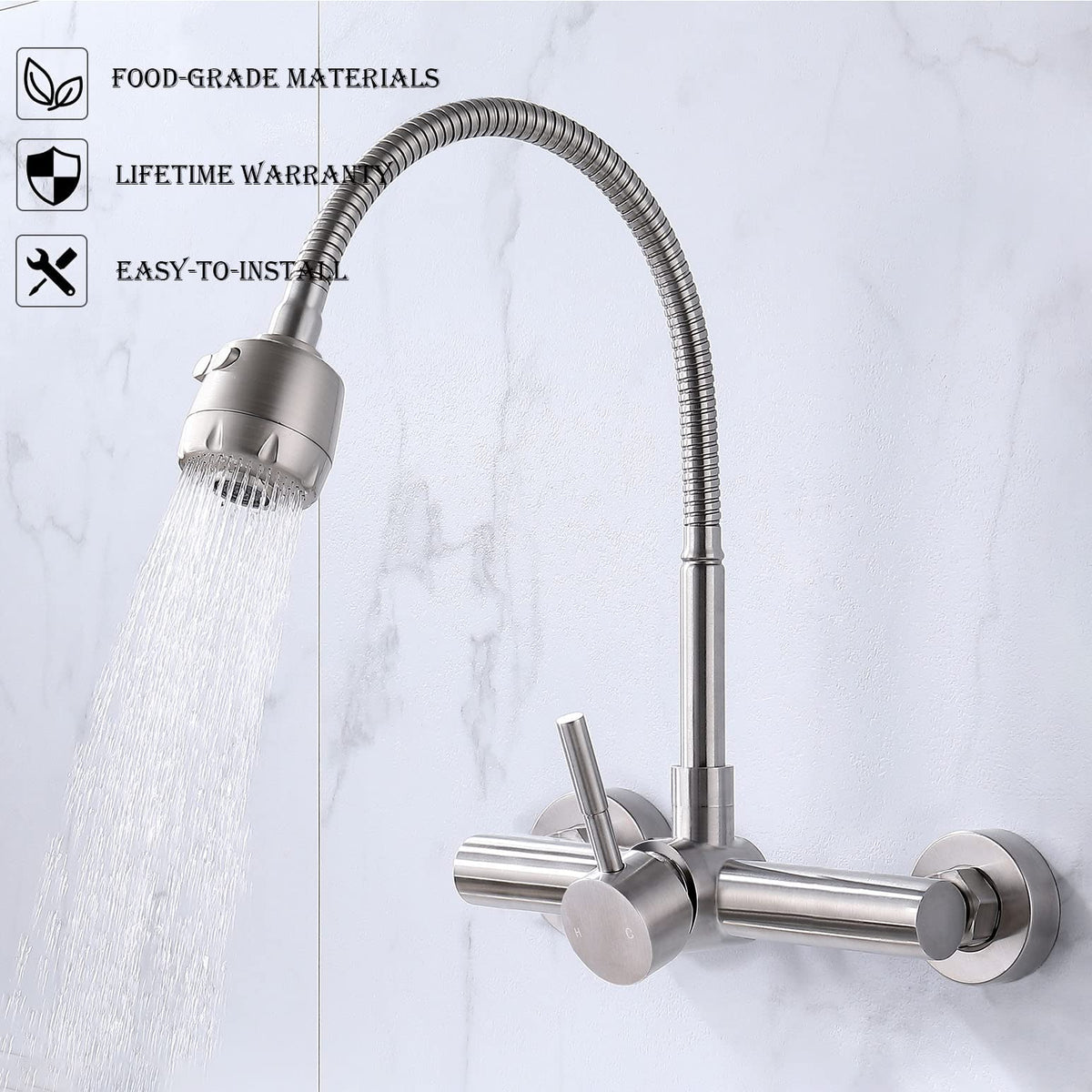 FLWUEUE Wall Mount Kitchen Sink Faucet with Sprayer 8“ Inch Center, Brushed Nickle Stainless Steel Sink Mixer Tap, Laundry Utility Faucets with Dual Functional Sprayer