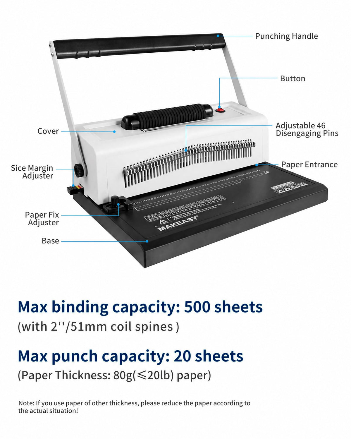 MAKEASY Spiral Coil Binding Machine with 46 Fully Disengaging Pins - 4:1 Pitch - Electric Coil Inserter - Adjustable Side Margin, Comes with Free 1 Box Coil Spines & Plier, 20 Sheet Punch Capacity