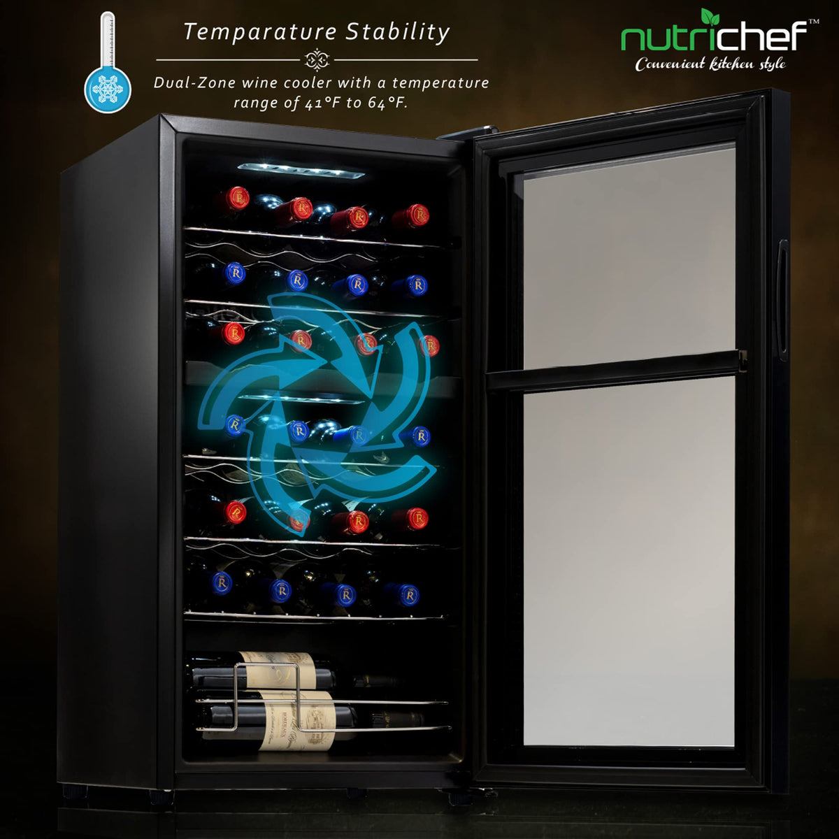 Nutrichef 28 Bottle Wine Fridge | Dual Zone Adjustable Temperature Control 41°F to 64°F | Ultra Quiet Operation | Cooler For Home, & Office | Free-Standing 33x16x17 IN (Black)