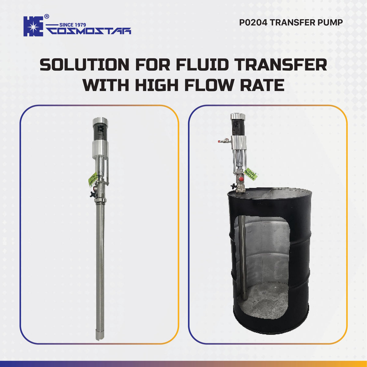 COSMOSTAR 2.5" 2:1 Air Operated Pneumatic Piston Pump for 55 Gallon Drum Teflon Packing Oil Chemical Transfer Pumps 4.0GPM/15LPM, High Fluid Pressure 240 Psi