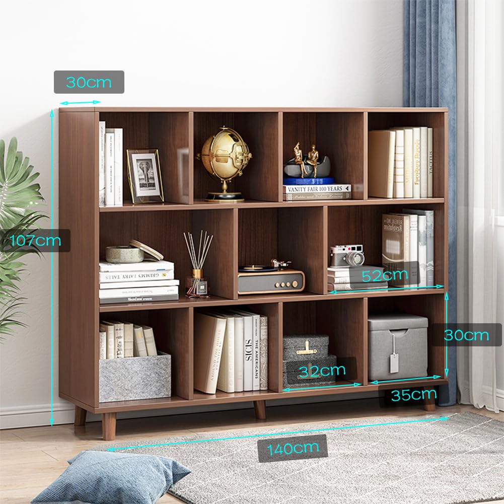 IOTXY Open Cube Low Bookcase - 3-Tier Freestanding Storage Display Cabinet Organizer with Legs for Home Office, 11-Cubes Open Shelf Short Bookshelf, Walnut