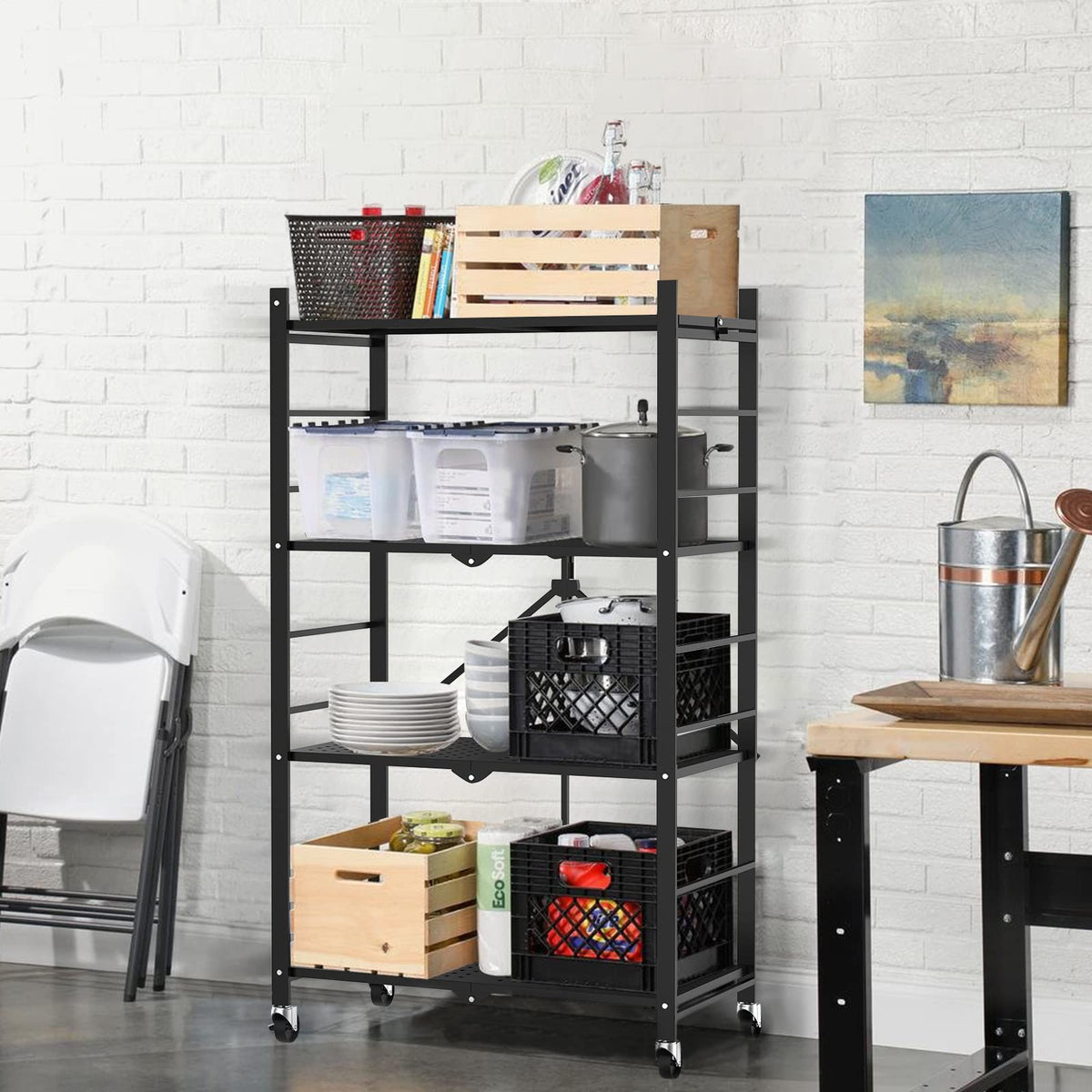 Himix Storage Shelves with Hooks, Foldable Metal Shelving Unit on Wheels, No Assembly Collapsible Shelves for Storage, Holds 264 Ibs Storage Rack for Kitchen Garage Pantry Room Organization