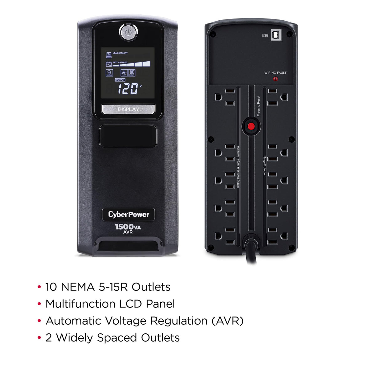 CyberPower CP1500GAVR Line‑Interactive UPS Battery Backup, 1500VA/900W, AVR, 10 Outlets, LCD Display, Mini-Tower, UL Certified