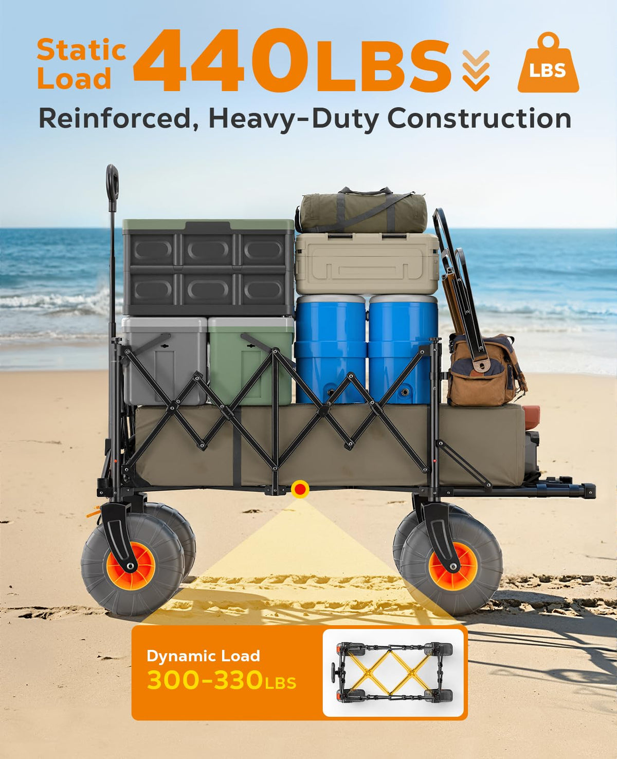 Beach Wagon with Big Wheels for Sand, 440lbs Wagons Carts Foldable with 9x4 All-Terrain Wheels, Rear Tailgate, 200L Capacity, Heavy Duty Collapsible Beach Cart for Garden Sports Camping Outdoor