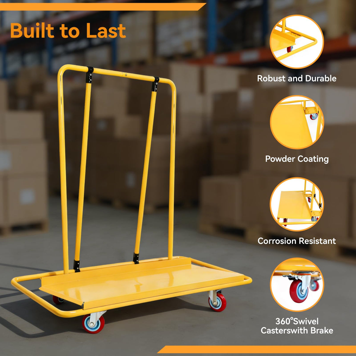 FULUPET Heavy Duty Drywall Sheet Cart, 3000 lbs Capacity Professional Panel Dolly,45.6"x 21.5" Deck and Industrial Swivel Casters, Rolling Wallboard and Plywood Trolley for Construction, Warehouse