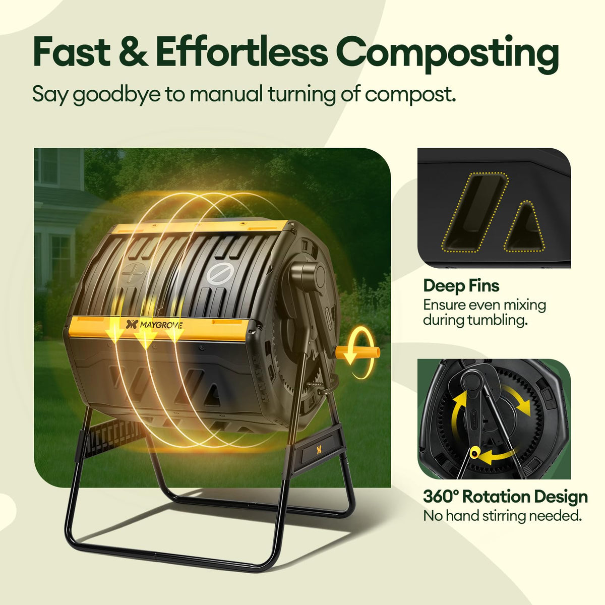 Maygrove Outdoor Compost Bin 53 Gallon, Dual Chamber Large Compost Tumbler for Garden Backyard, with 360° Rotating, Sliding Doors & Solid Steel Frame