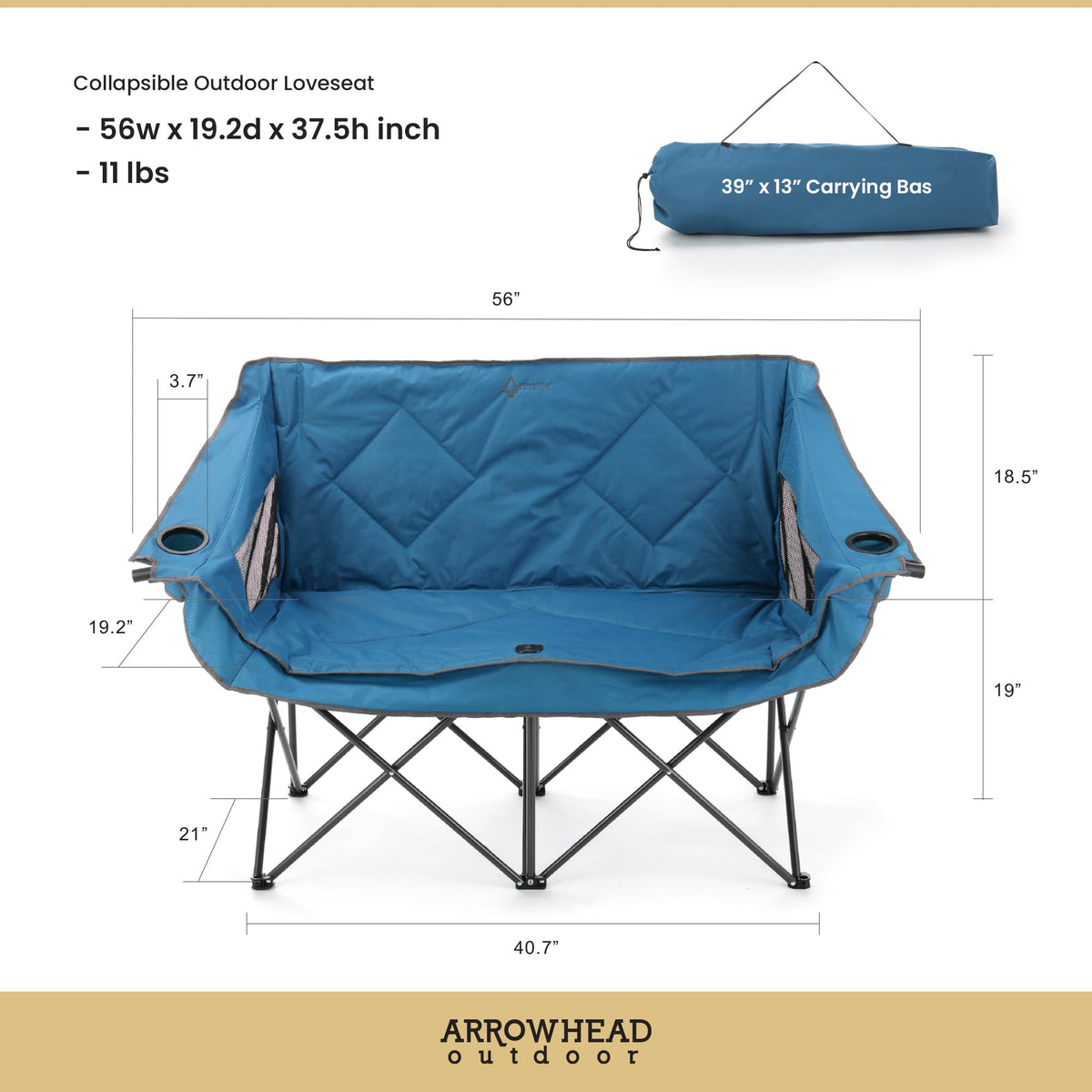 ARROWHEAD OUTDOOR 2-Pack Portable Folding Double Duo Camping Chair Loveseat w/ 2 Cup & Wine Glass Holder, Carrying Bag, Supports up to 650lbs