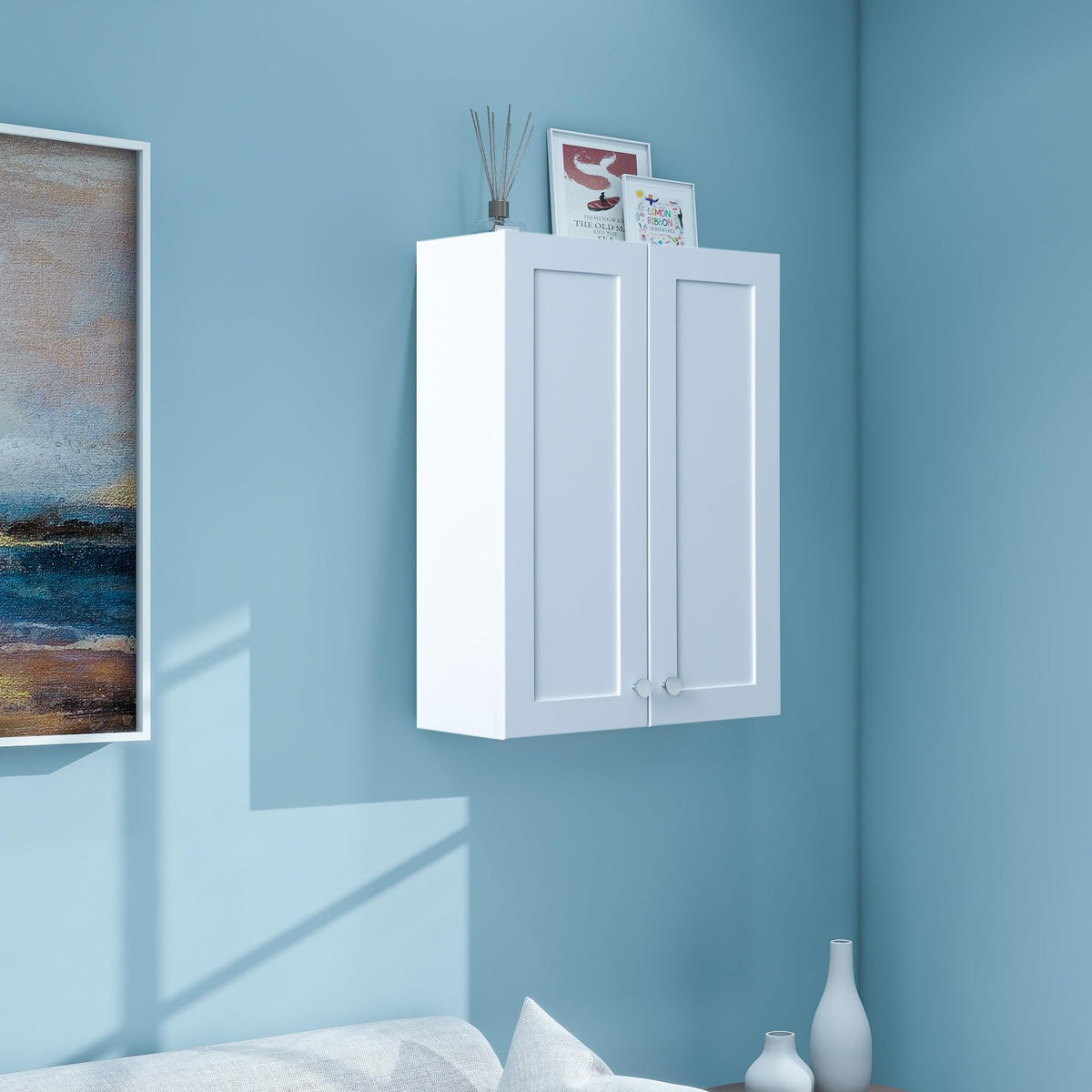 VANIRROR White Wall Mount Cabinet, MDF Over the Toilet Storage Cabinet with Adjustable Shelves, Space Saver 2 Door Medicine Cabinet for Bathroom Laundry Kitchen, 19x 27in, No Paint Odor