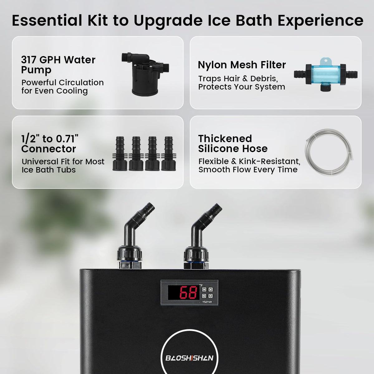 BAOSHISHAN 1/2hp Cold Plunge Chiller, 132gal Water Chiller for Ice Bath with Filter, Hose, Water Pump, Quiet Ice Bath Chiller for Athletes Recovery Cold Therapy Home Use