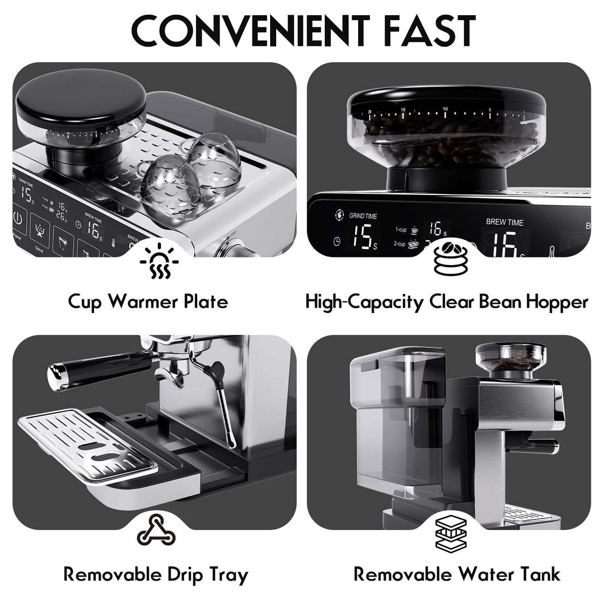 PULZO Espresso Machine with Grinder, 20 Bar Professional Coffee Machine with Milk Frother Steam Wand, All-in-One Stainless Steel Coffee Maker to Make Latte, Cappuccino, 67oz Detachable Water Tank