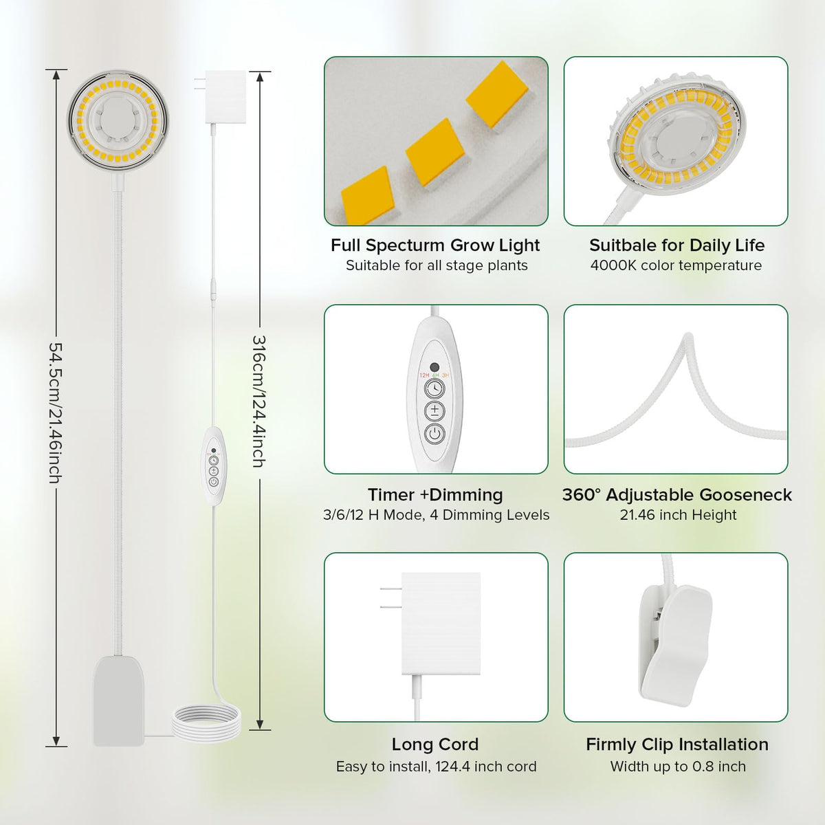 SGLEDs Plant Lights for Indoor Growing, Pot Clip on Grow Lights Full Spectrum, 12W Plant Growing Lamp with 4 Dimmable Levels, 360° Adjustable Grow Plant Lamp， Auto On/Off Timing 4/8/12H, White 3 Pack