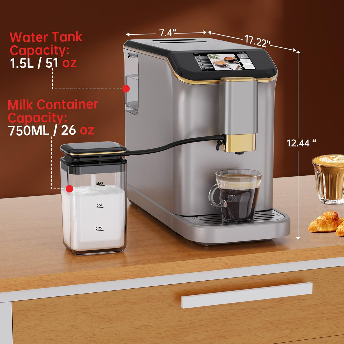 PioneerWorks Full Automatic Espresso Machine with Built-In Grinder & Milk Frother - FTF Touchscreen Coffee Maker for Latte/Cappuccino, 20 Bar Pressur & 1.5L Water Tank, 1350W, Gold