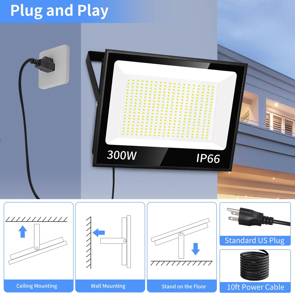 ISUERFY 300W LED Flood Light Outdoor with Plug, 36000LM Ultra Brighter Security Light, IP66 Waterproof Exterior Plug in Floodlight, 5000K Daylight White for Lawn Yard Garden Stadium(2 Pack)