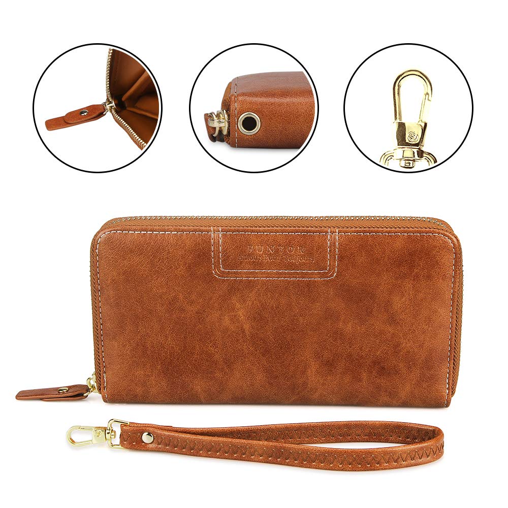 FT FUNTOR Wristlet Wallet for Women, Ladies Zip around Wallet PU Vegan Leather Clutch Long Purse Phone Card Holder Organizer Brown