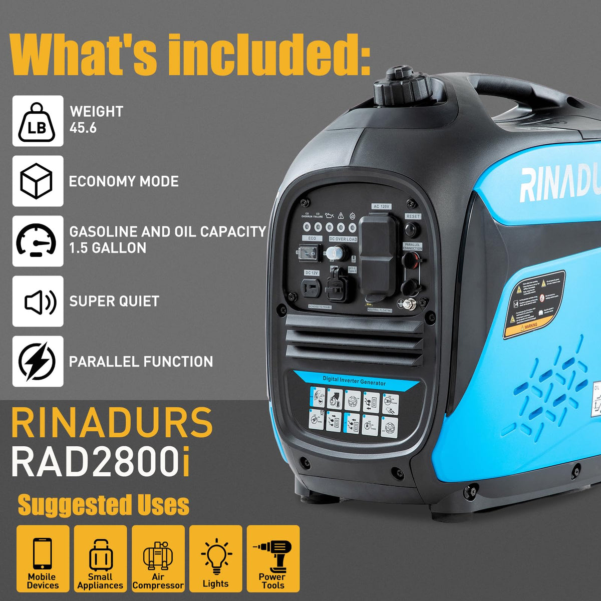 2800 Watt inverter generator, quiet and portable, suitable for home backup power, outdoor camping, and construction sites.EPA Compliant