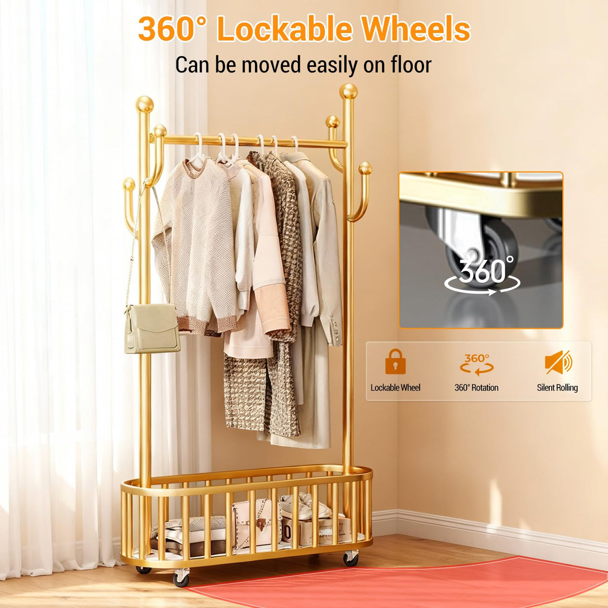 CuisinSmart Rolling Clothes Rack with Wheels, 68.9 Inch Tall Heavy Duty Metal Gold Garment Rack with Basket, Movable Portable Clothes Rack for Bedroom 100cm Black