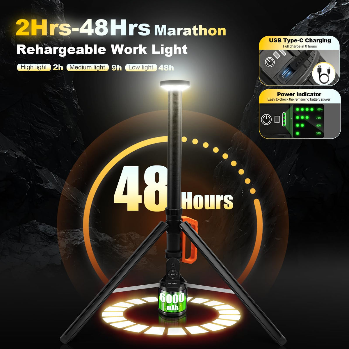 SYLSTAR 360° Rechargeable Work Light with Remote &Telescopic Stand (8.4Ft), 3000LM Ultra Bright 3CCT Dimmable, 6000mAh Battery, Portable Camping Light for Jobsite Workshop Sports Emergencies