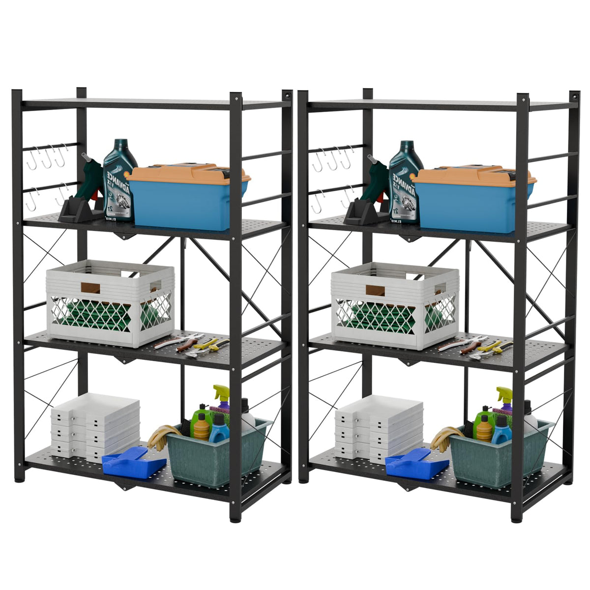 INTER HUT 4 Tier Foldable Greenhouse Shelving Unit, Heavy Duty Steel Plant Stand Storage Rack, No Assembly Required, 130lbs Per Shelf Capacity, 28"x14.6"x44.7”, 2 Pack, Black