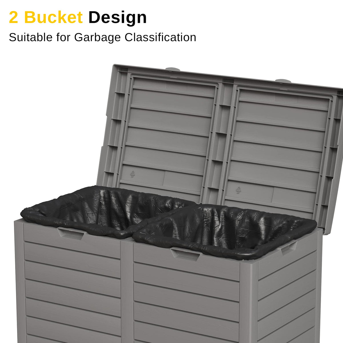 East Oak 62 Gallon Outdoor Trash Can | Waterproof Resin Garbage Can Featuring Tiered Lid & Drip Tray | Outside Trash Bin for Kitchen, Patio | Backyard & Deck | Gray Color