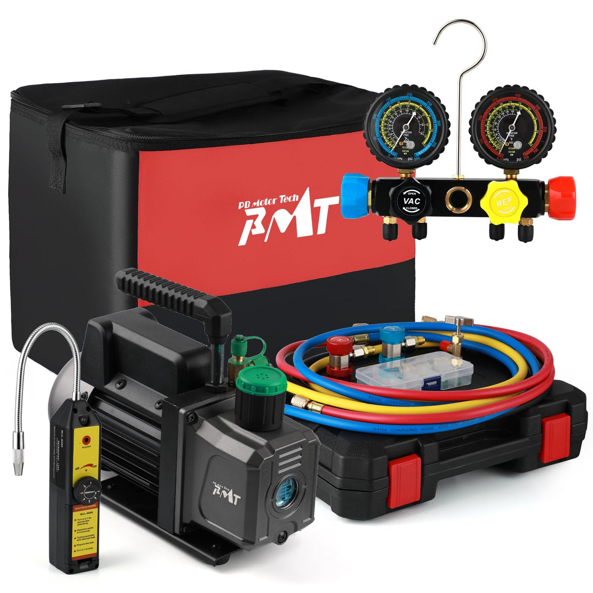 PB Motor TECH 4.5CFM 1/3HP Vacuum Pump with 4-Way AC Manifold Gauge Set for R134a R22 R410a - Includes Leak Detector, Puncture Can Tap, and More