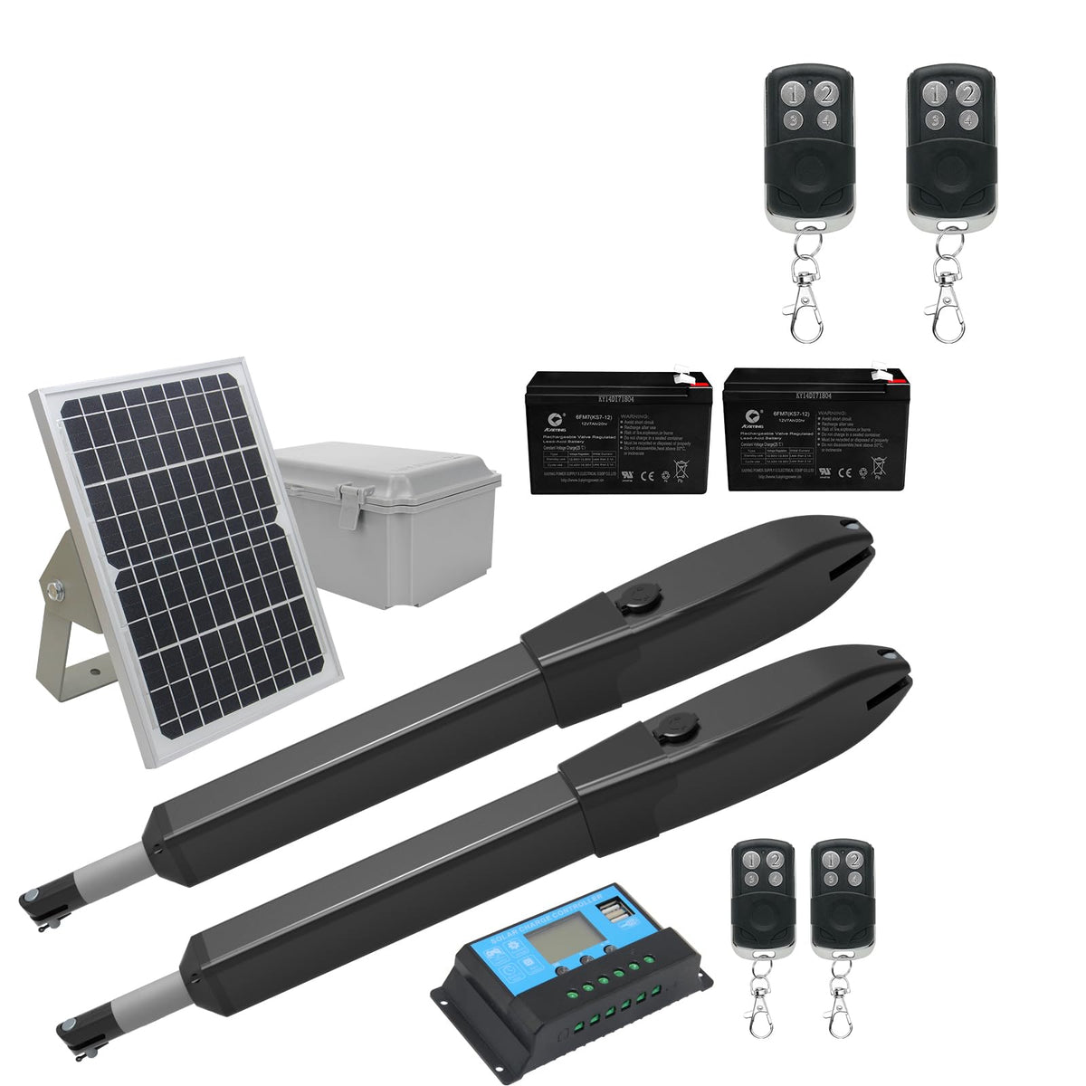 JUJIANG Solar Gate Opener with Batteries & Solar Panel + 2 Extra Remotes for Dual Swing Gates Up to 770lb per Arm Automatic Gate Openers with Remote Complete Kit Medium Duty PKM-C026