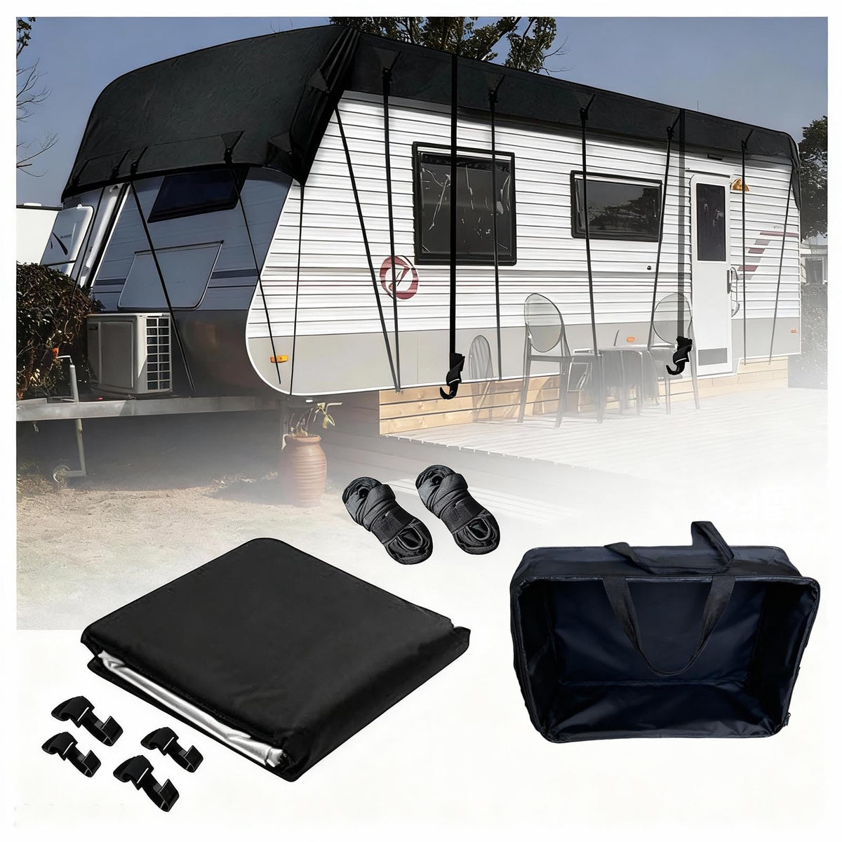 Wider 3.3m/10.83ft Camper roof Cover 210D Oxford Cloth Class C Rv Cover Wind, Rain and Snow Proof with 2 Extra Straps Black-49.2 x 10.8 ft
